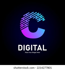 Digital line letter C logo vector design. Suitable for business, technology, gradient color type,  logo line style and initial name