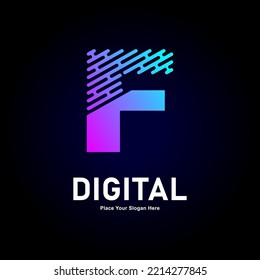 Digital line letter F logo vector design. Suitable for business, technology, gradient color type,  logo line style and initial name