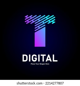 Digital line letter T logo vector design. Suitable for business, technology, gradient color type,  logo line style and initial name