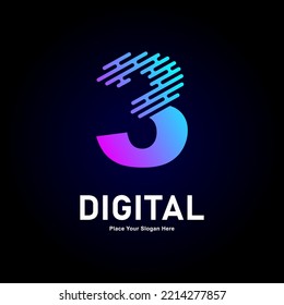 Digital line number 3 logo vector design. Suitable for business, technology, gradient color type,  logo line style and initial name