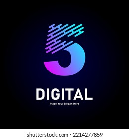 Diseño vectorial del logotipo número 5 de la línea digital. Adecuado para negocios, tecnología, tipo de color de gradiente, estilo de línea de logotipo y nombre inicial