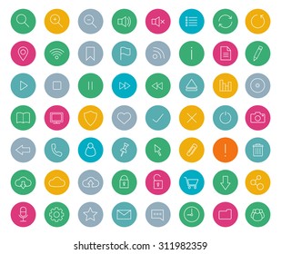 Digital linear icons set. User interface website elements. Communication technology. Application multimedia ui contour symbols in color circle. Web page navigation pictograms. Vector thin line signs