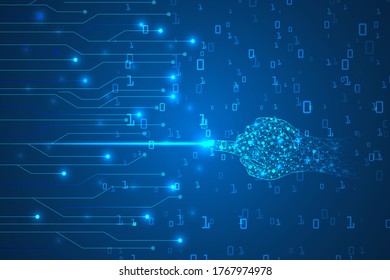 digital lines technology abstract with hand touch lines on code security background.