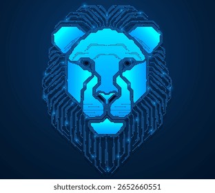O leão digital. Os contornos do focinho e da juba consistem em linhas que simulam trilhas e conexões em um microchip. Fundo azul.