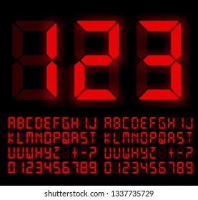 Digital Liquid Crystal  Display Font Bright Red Colored. Vector Set