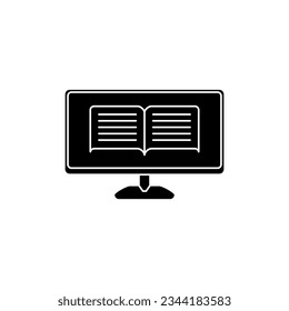 Digital Literacy in black fill icon. LED Monitor with e-book inside, design element vector illustration template in trendy and unique flat style. Editable graphic resources for many purposes.