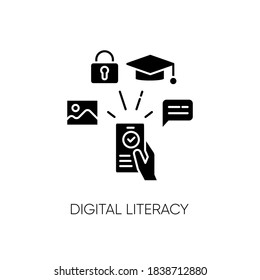 Digital literacy black glyph icon. Modern education, e learning silhouette symbol on white space. Using smartphone for education, communication and entertainment. Vector isolated illustration