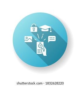 Digital literacy blue flat design long shadow glyph icon. Modern education, e learning. Using smartphone for education, communication and entertainment. Silhouette RGB color illustration