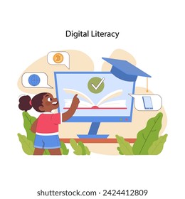 Digital literacy concept. Little girl engaging with interactive learning tools for online education about modern technologies. Emphasizing informed internet use. Flat vector illustration