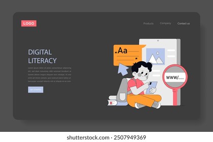 Digital Literacy concept. A young person engages with online content using a tablet, symbolizing web navigation skills. Educational technology and internet proficiency. Vector illustration.