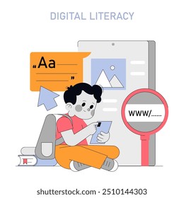 Conceito de alfabetização digital. Jovem estudante aprendendo on-line usando tablet, rodeado por ícones educacionais. Navegar no mundo digital com facilidade. Ilustração vetorial.