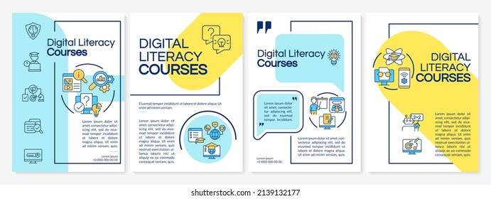 Cursos de alfabetización digital planilla de folletos azul y amarillo. Conocimientos informáticos. Diseño del prospecto con iconos lineales. 4 diseños vectoriales para presentación, informes anuales. Fuentes questriales, Lato-regulares usadas