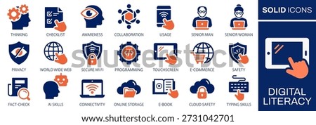 Digital literacy icons. Representing online safety, touchscreen usage, connectivity, learning, programming, privacy, and e-commerce in a modern solid style.