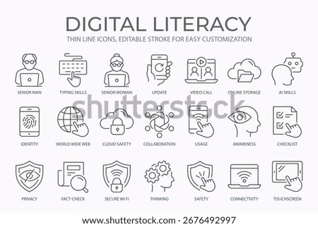 Digital literacy outline icons bundle. Identity, update, cloud safety, skills, video call and more signs. Editable stroke.