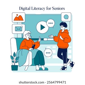 Digital Literacy for Seniors concept. An elder woman learns to use technology from a younger person amidst icons of digital communication. Intergenerational tech education scene. Vector illustration.