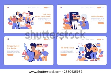 Digital Literacy set. Bridging generational tech gaps with youthful assistance. Online banking guidance, cyber safety awareness, VR excitement. Vector illustration.
