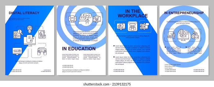 Digital literacy in spheres blue brochure template. Computing skills. Leaflet design with linear icons. 4 vector layouts for presentation, annual reports. Arial-Black, Myriad Pro-Regular fonts used