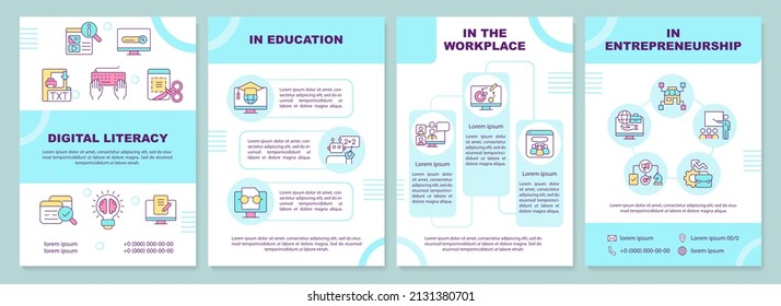 Digital literacy in spheres brochure template. Computing skills. Leaflet design with linear icons. 4 vector layouts for presentation, annual reports. Arial-Black, Myriad Pro-Regular fonts used