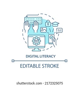 Digital literacy turquoise concept icon. Life skill abstract idea thin line illustration. Educational technology. Isolated outline drawing. Editable stroke. Arial, Myriad Pro-Bold fonts used