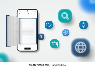 Digital literature, learn, read online concept. Realistic smartphone, open book. 3d icons fly over screen. Education, Knowledge, Electronic library application design. Vector background, blur effect.