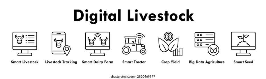 Digital Livestock banner web icon illustration concept with icon of smart livestock, livestock tracking, smart dairy farm, smart tractor, crop yield, big data agriculture, and smart seed technology
