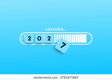 A digital loading bar shows the year 2027 transitioning, with blue number blocks 2, 0, 2, and 7 indicating progress. Ideal for new year, future, and goalsetting concepts.