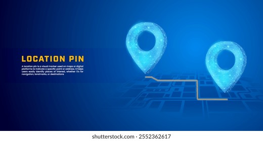 Digital location pin symbol with map overlay, futuristic illustration of GPS and directions suitable for presentation background, transportation, travel and navigation.