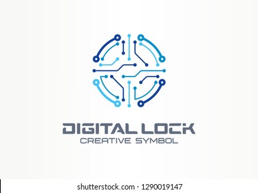 Digital lock creative symbol concept. Circuit circle safe, access control system abstract business logo. Data protect, cyber security, safety icon. Corporate identity logotype, company graphic design