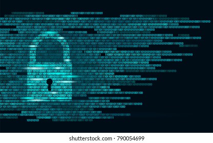 Digital lock guard sign binary code number. Big data personal information safety technology closed padlock. Blue glowing abstract web internet electronic payment vector illustration