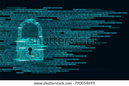 Digital lock guard sign binary code number. Big data personal information safety technology closed padlock. Blue glowing abstract web internet electronic payment vector illustration