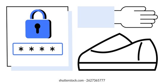 Digital lock icon above password entry form next to a hand and shoe illustration. Ideal for cybersecurity, user authentication, digital safety, technology accessibility, online privacy, secure login