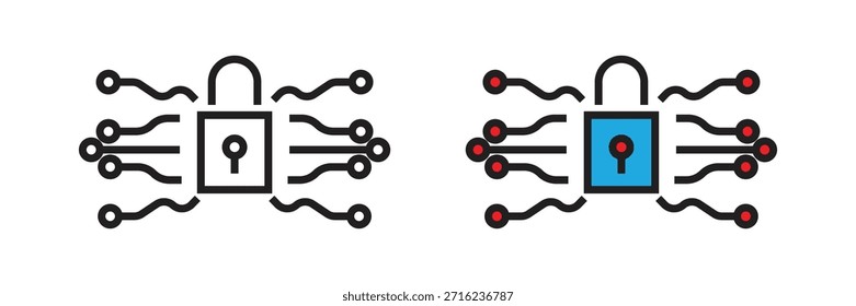 Icono de bloqueo digital integrado con líneas de circuito ondulado. Este conjunto creativo representa cifrado de datos avanzado y tecnología de seguridad de red moderna.
