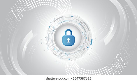 Digital lock on the background of abstract technological circles in light gray color scheme. Symbol of cybersecurity, privacy and digital data protection. For high-tech security presentation.