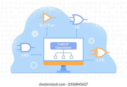 Digital logic gate symbols concept. Modern technologies and innovations, machine learning. Programming and code, computer language. Logical operations. Cartoon flat vector illustration