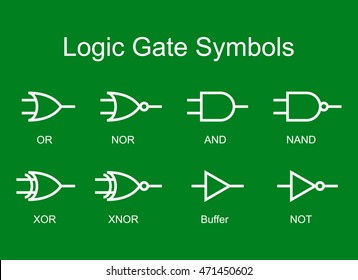 Digital logic gate symbols, white isolated on green background, vector illustration.