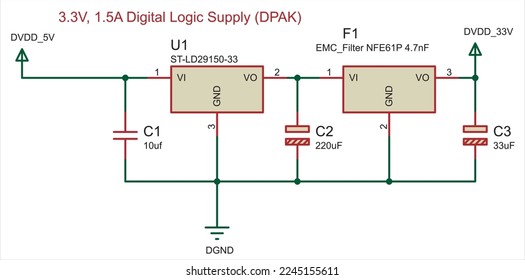 Digitales logisches Netzteil.
Schaltbild des elektronischen Geräts. 
Vektorgrafik-Schaltkreis mit 
Kondensatoren-, Boden- und Leistungszeichen
und anderen elektronischen Bauteilen.