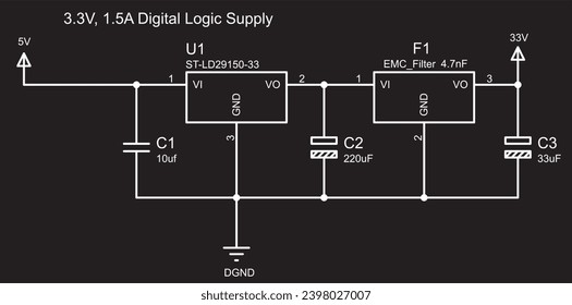 Digital logic power supply.
Schematic diagram of electronic device. Vector drawing electrical circuit with 
capacitor, ground and power symbols
and other electronic components.
