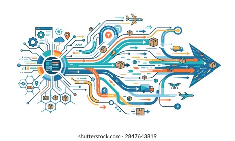Digital logistics network with interconnected data streams and transportation icons