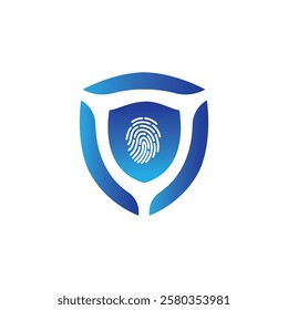digital logo featuring a shield with a fingerprint in the center, symbolizing security, protection, and biometric authentication.