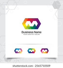 Digital logo letter M design vector with modern colorful pixel icon for technology, software, studio, app, and business.