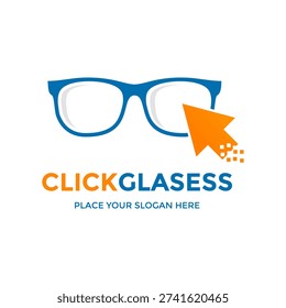 Digital logo showing eyeglasses with a computer mouse cursor, ideal for online optical stores.