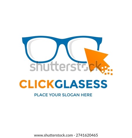 Digital logo showing eyeglasses with a computer mouse cursor, ideal for online optical stores.