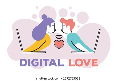 Digital love. Pair looking into each other through laptops.