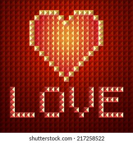 Digital love. Red heart in pixel with text love. Vector illustration.