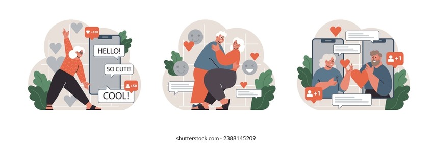 Digital Love set. Elderly woman joyfully reacts to online compliments, an older couple shares a tender moment, and seniors exchange heart emojis. Modern romance in the digital age. vector illustration