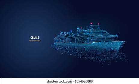 Digital low poly 3d cruise ship in dark blue. Travelling by sea, ocean voyage, business, cruise or holiday concept. Abstract vector wireframe of passenger liner with lines, dots, stars and particles - Shutterstock ID 1854628888