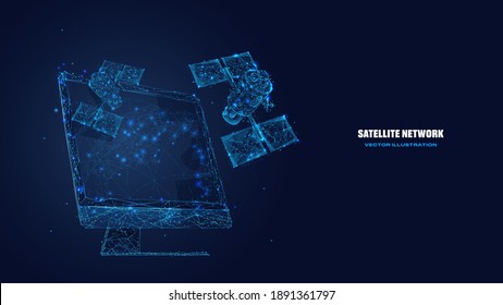 Digital low poly 3d satellites and computer screen in dark blue. Satellite network technology, global internet communications concept. Abstract vector wireframe with lines, dots, stars and particles