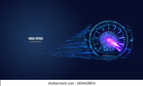 Digital low poly 3d speedometer in dark blue. High speed, sport car speedometer or racing game concept. Abstract vector mesh image of speed indicator with connected dots, shapes and glowing particles