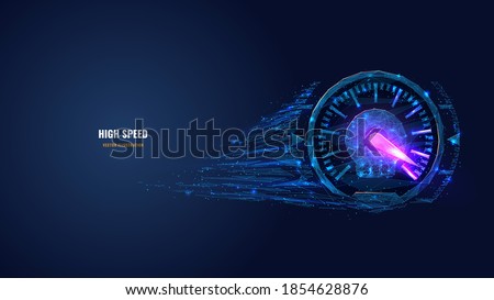 Digital low poly 3d speedometer in dark blue. High speed, sport car speedometer or racing game concept. Abstract vector mesh image of speed indicator with connected dots, shapes and glowing particles Foto stock © 