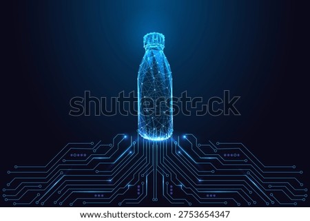 Digital low poly bottle glowing above circuit board . Smart packaging, IoT product tracking, digital supply chains, recycling systems, sustainable technology solutions. Futuristic neon vector style
